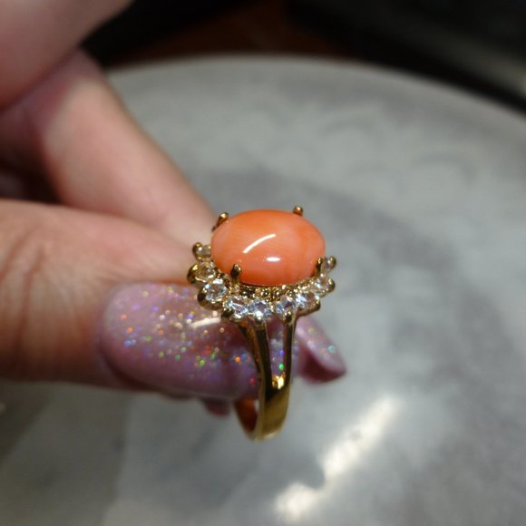18k Gold EP Coral Swarovski Crystals Dolphin Ore Ring - Picture 10 of 11